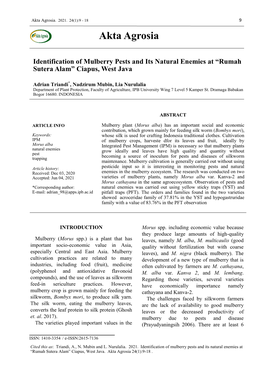 Identification of Mulberry Pests and Its Natural Enemies at “Rumah Sutera Alam” Ciapus, West Java