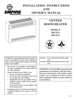 Vented Room Heater Installation Instructions