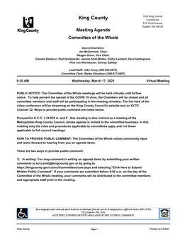 King County King County Courthouse 516 Third Avenue Seattle, WA 98104 Meeting Agenda Committee of the Whole