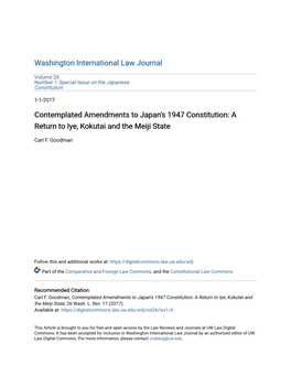 Contemplated Amendments to Japan's 1947 Constitution: a Return to Iye, Kokutai and the Meiji State
