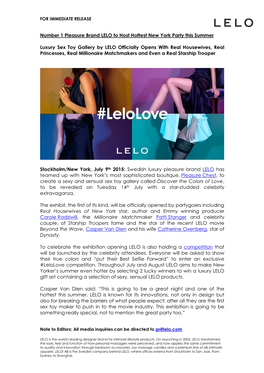 Number 1 Pleasure Brand LELO to Host Hottest New York Party This Summer