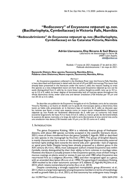 “Rediscovery” of Encyonema Ratpanati Sp. Nov. (Bacillariophyta, Cymbellaceae) in Victoria Falls, Namibia “Redescubrimiento” De Encyonema Ratpanati Sp