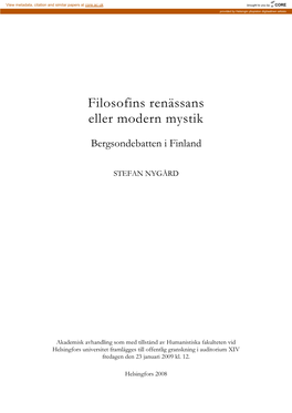 Filosofins Renässans Eller Modern Mystik. Bergsondebatten I Finland