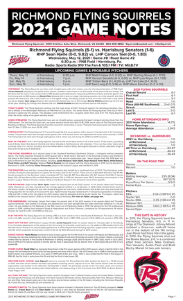 Richmond Flying Squirrels (6-1) Vs. Harrisburg Senators (1-6) RHP Sean Hjelle (0-0, 9.82) Vs