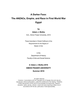 The Anzacs, Empire, and Race in First World War Egypt
