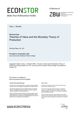 Working Paper Theories of Value and the Monetary Theory of Production