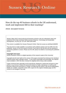 How Do the Top 40 Business Schools in the UK Understand, Teach and Implement KM in Their Teaching?