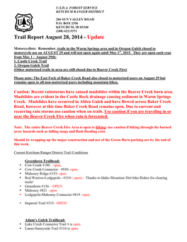 Trail Report August 28, 2014 - Update