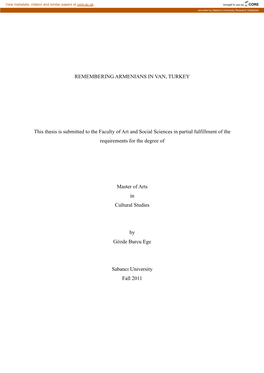 REMEMBERING ARMENIANS in VAN, TURKEY This Thesis Is Submitted