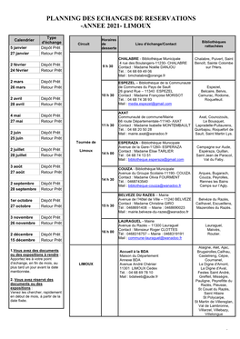 Planning Des Echanges De Reservations -Annee 2021- Limoux