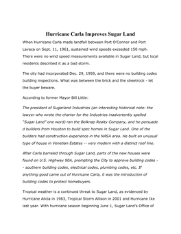 Hurricane Carla Improves Sugar Land