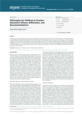 Philosophy for Children in Teacher Education/ Akkocaoğlu Çayır