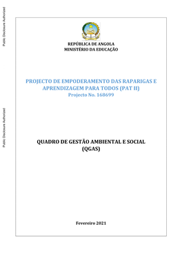 PROJECTO DE EMPODERAMENTO DAS RAPARIGAS E APRENDIZAGEM PARA TODOS (PAT II) Projecto No