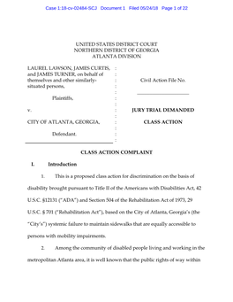 UNITED STATES DISTRICT COURT NORTHERN DISTRICT of GEORGIA ATLANTA DIVISION LAUREL LAWSON, JAMES CURTIS, and JAMES TURNER, On