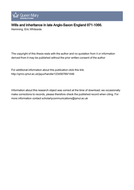 Wills and Inheritance in Late Anglo-Saxon England 871-1066. Hemming, Eric Whiteside