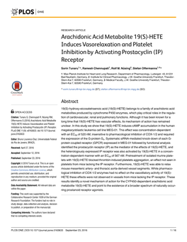 Arachidonic Acid Metabolite 19(S)-HETE Induces Vasorelaxation and Platelet Inhibition by Activating Prostacyclin (IP) Receptor