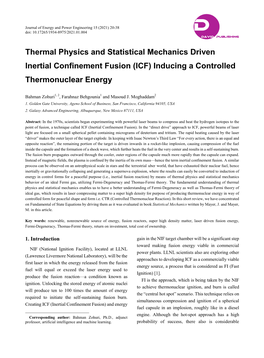 Thermal Physics and Statistical Mechanics Driven Inertial Confinement Fusion (ICF) Inducing a Controlled Thermonuclear Energy