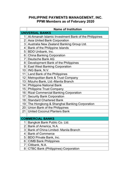 PHILIPPINE PAYMENTS MANAGEMENT, INC. PPMI Members As of February 2020