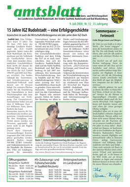 15 Jahre IGZ Rudolstadt – Eine Erfolgsgeschichte Sommerpause – Inzwischen Ist Auch Die Wirtschaftsförderagentur Ein Jahr Unter Dem IGZ-Dach Ferienzeit Saalfeld (Mo)