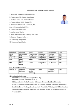 Resume of Dr. Jiban Krishna Biswas