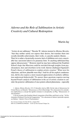 Adorno and the Role of Sublimation in Artistic Creativity and Cultural Redemption