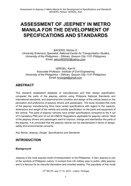 Assessment of Jeepney in Metro Manila for the Development of Specifications and Standards BACERO, Riches; VERGEL, Karl