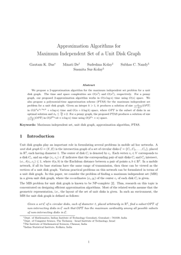 Approximation Algorithms for Maximum Independent Set of a Unit Disk Graph