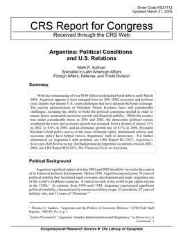 Argentina: Political Conditions and U.S