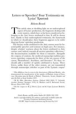 Letters Or Speeches? Four Τestimonia on Lysias’ Ἐρωτικά Roberta Berardi