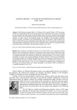 Ludovic Mrazec – 43 Years in the Romanian Academy (1901–1944)