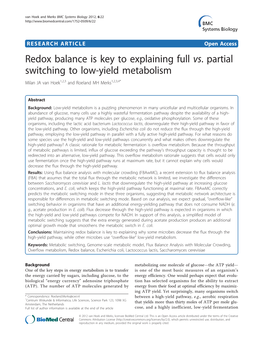 Redox Balance Is Key to Explaining Full Vs. Partial Switching to Low-Yield Metabolism Milan JA Van Hoek1,2,3 and Roeland MH Merks1,2,3,4*