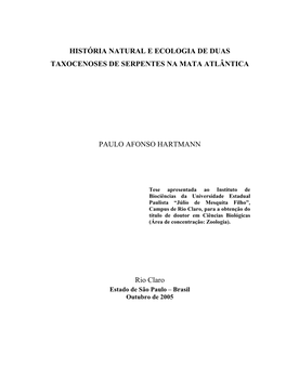 História Natural E Ecologia De Duas Taxocenoses De Serpentes Na Mata Atlântica