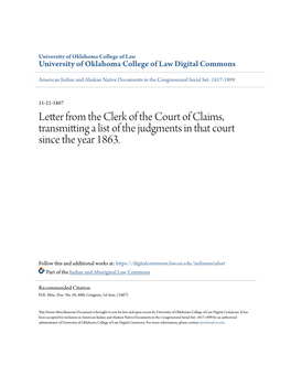 Letter from the Clerk of the Court of Claims, Transmitting a List of the Judgments in That Court Since the Year 1863