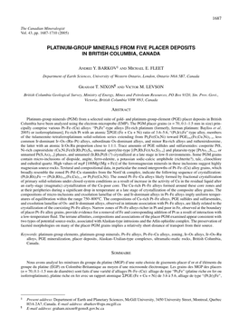 Platinum-Group Minerals from Five Placer Deposits in British Columbia, Canada