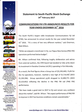 Communications Fiji Ltd Announces Results for Year Ended December 31S'2016