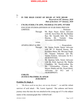 IN the HIGH COURT of DELHI at NEW DELHI Reserved On:10Th January, 2020 Date of Decision: 11Th January, 2020 + CM (M) 15/2020, CM APPL