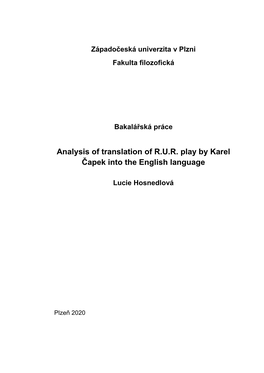 Analysis of Translation of R.U.R. Play by Karel Čapek Into the English Language