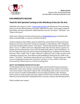 FOR IMMEDIATE RELEASE Toad the Wet Sprocket Coming to the Weinberg Center for the Arts