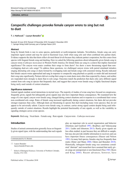 Conspecific Challenges Provoke Female Canyon Wrens to Sing but Not to Duet