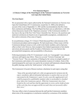 9/11 Omission Report: a Citizens Critique of the Final Report of the National Commission on Terrorist Acts Upon the United States