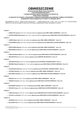 OBWIESZCZENIE Gminnej Komisji Wyborczej W Czerwonce Z Dnia 22 Października 2014 R