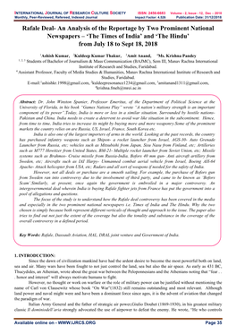 Rafale Deal- an Analysis of the Reportage by Two Prominent National Newspapers – ‘The Times of India’ and ‘The Hindu’ from July 18 to Sept 18, 2018