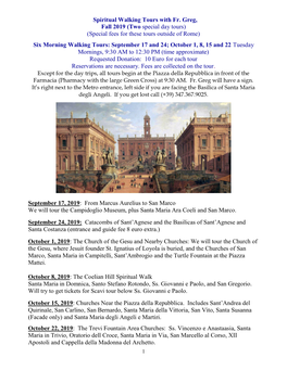 Spiritual Walking Tours with Fr. Greg, Fall 2019 (Two Special Day Tours) (Special Fees for These Tours Outside of Rome)