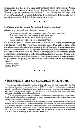 A Reference List on Canadian Folk Music