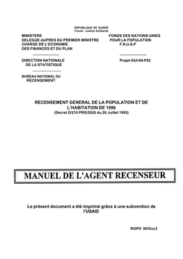 RECENSEMENT GENERAL DE LA POPULATION ET DE L’HABITATION DE 1996 (Décret D/210 PRG/SGG Du 26 Juillet 1995)