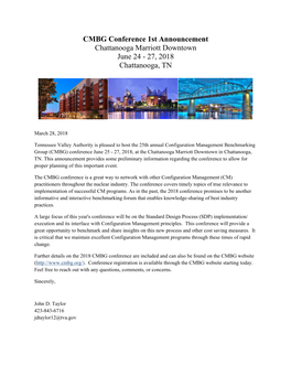 CMBG Conference 1St Announcement Chattanooga Marriott Downtown June 24 - 27, 2018 Chattanooga, TN