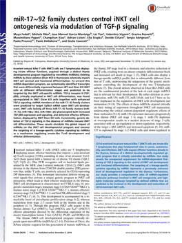 Mir-17∼92 Family Clusters Control Inkt Cell Ontogenesis Via Modulation of TGF-Β Signaling