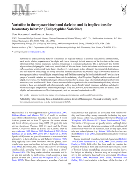 Variation in the Myosoricine Hand Skeleton and Its Implications for Locomotory Behavior (Eulipotyphla: Soricidae)