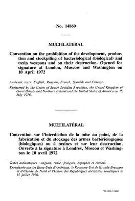 No. 14860 MULTILATERAL Convention on the Prohibition of The