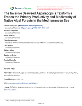 The Invasive Seaweed Asparagopsis Taxiformis Erodes the Primary Productivity and Biodiversity of Native Algal Forests in the Mediterranean Sea